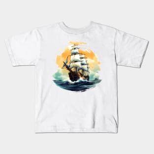 A vintage looking ship sails across the giant waves in a sunset enviornment 4 Kids T-Shirt